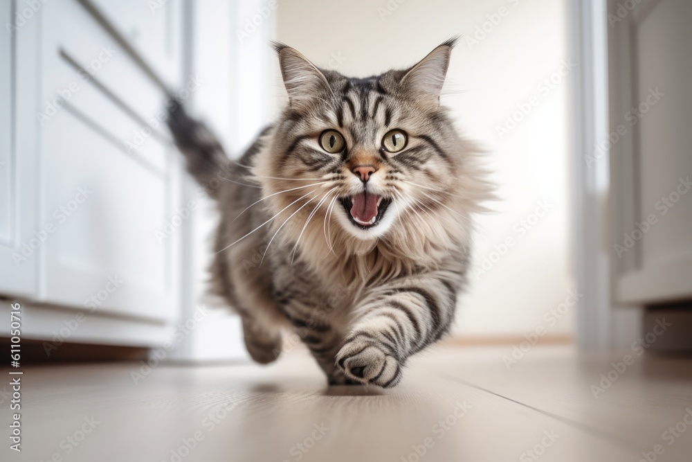 Lifestyle portrait photography of a smiling siberian cat pouncing against a minimalist or empty room background. With generative AI technology