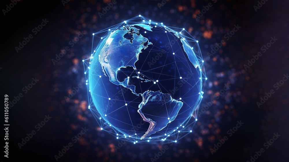 Digital globe, abstract illustration of a data technology. Network nodes surrounding planet Earth. Generative AI