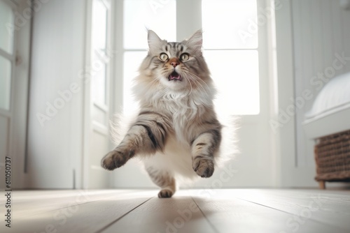 Lifestyle portrait photography of a happy siberian cat playing against a minimalist or empty room background. With generative AI technology