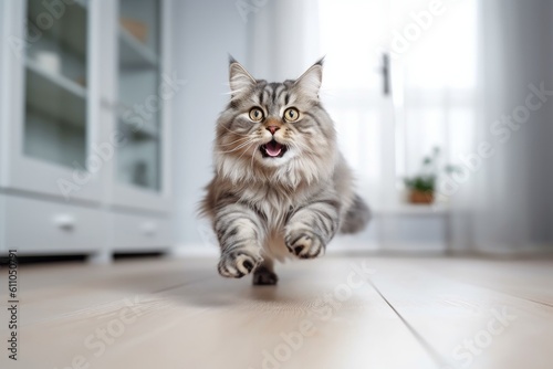 Medium shot portrait photography of a smiling siberian cat sprinting against a minimalist or empty room background. With generative AI technology