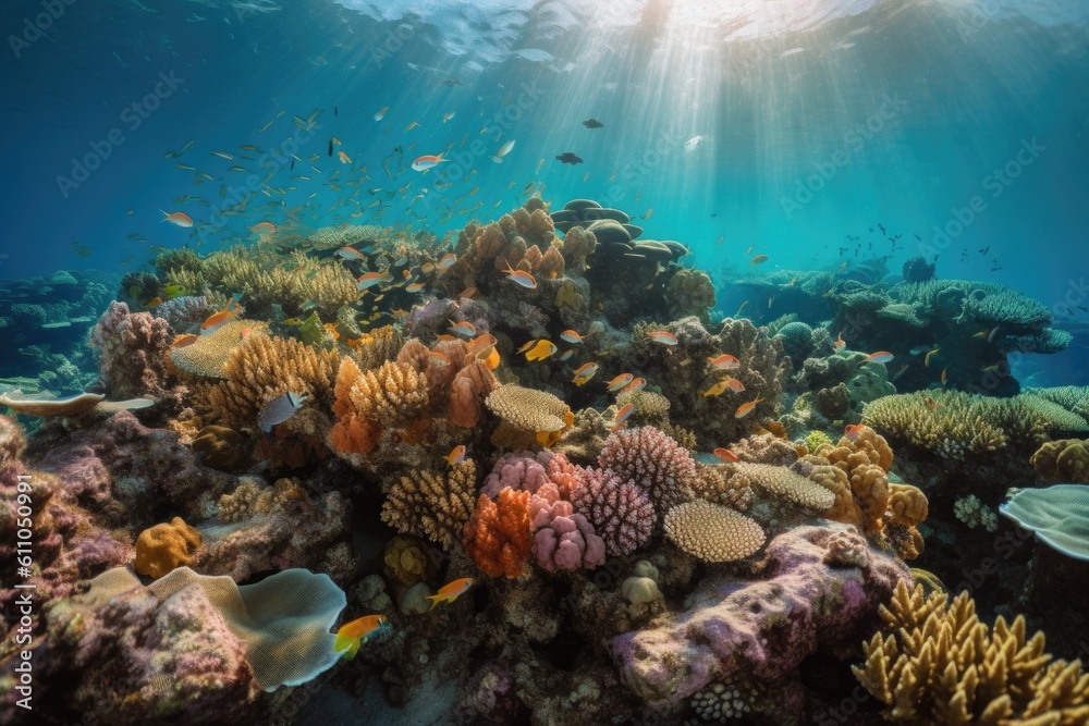 Fototapeta premium coral reef with schools of colorful fish swimming among the corals, created with generative ai