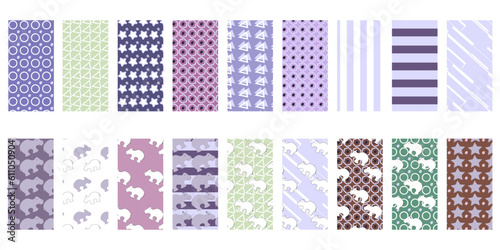 set of seamless pattern with shapes and hippo