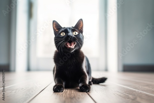 Full-length portrait photography of a happy bombay cat playing against a minimalist or empty room background. With generative AI technology
