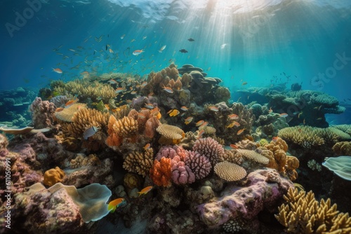 coral reef with schools of colorful fish swimming among the corals, created with generative ai © altitudevisual