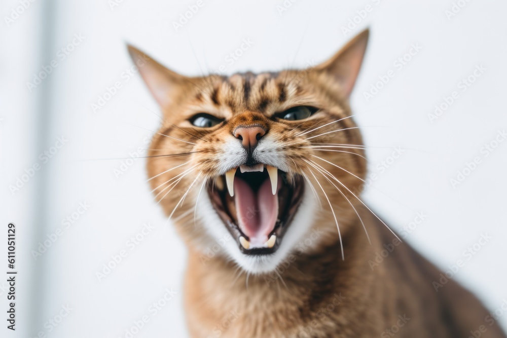 Lifestyle portrait photography of a curious havana brown cat growling against a minimalist or empty room background. With generative AI technology