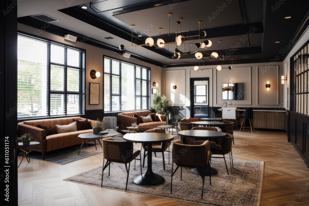 co-working space with modern and sleek decor, featuring collaborative workspaces and lounge areas, created with generative ai co-working space with modern and sleek decor, featuring collaborative workspaces and lounge areas, created with generative ai