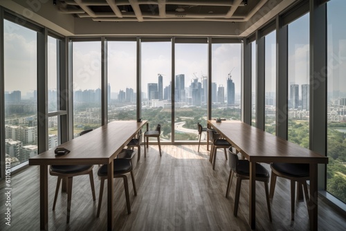 co-working space in urban setting, with view of city skyline, created with generative ai © altitudevisual