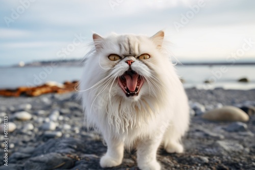 Environmental portrait photography of a smiling persian cat murmur meowing against a beach background. With generative AI technology