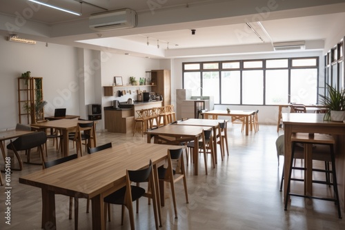 co-working space with open floor plan and communal tables, suitable for meetings and workshops, created with generative ai