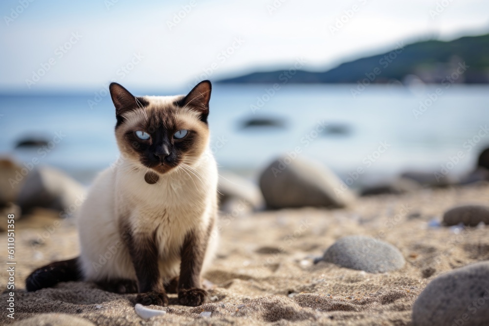 Medium shot portrait photography of a curious siamese cat crouching against a beach background. With generative AI technology Medium shot portrait photography of a curious siamese cat crouching against a beach background. With generative AI technology