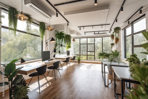 co-working space with open floor plan, surrounded by natural light and greenery, created with generative ai