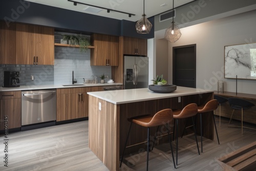 co-working space with communal kitchen, featuring sleek countertops and stainless steel appliances, created with generative ai