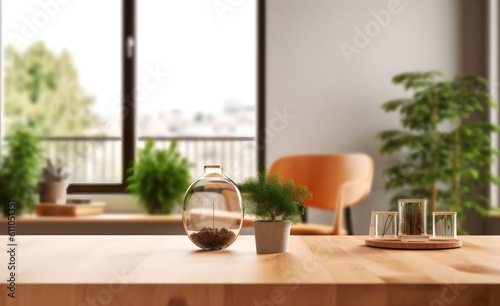 empty wooden table with fresh decorative object, blurred cozy apartment interior background, generative ai