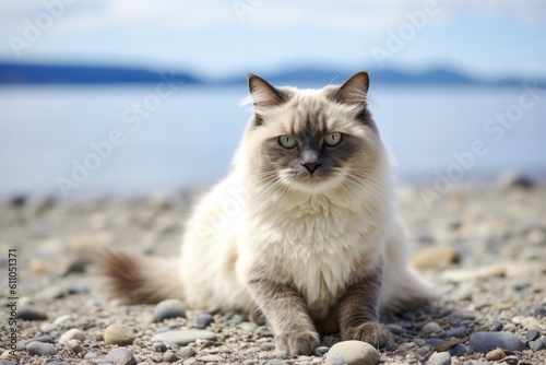 Medium shot portrait photography of a smiling ragdoll cat crouching against a beach background. With generative AI technology