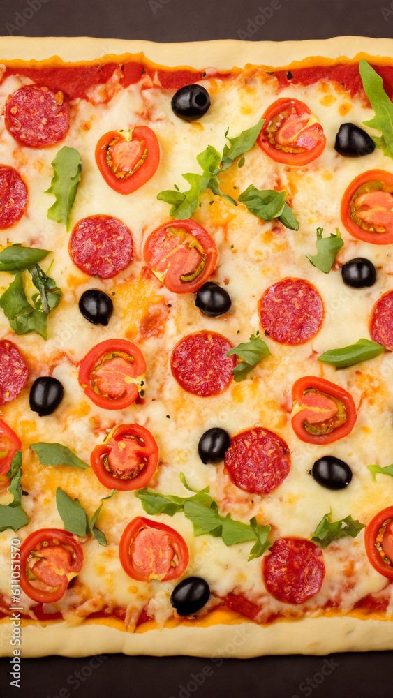 square pizza with many different ingredients - generative ai