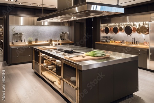 a cooking station with a sleek, modern design and high-tech touches for the ultimate culinary experience, created with generative ai