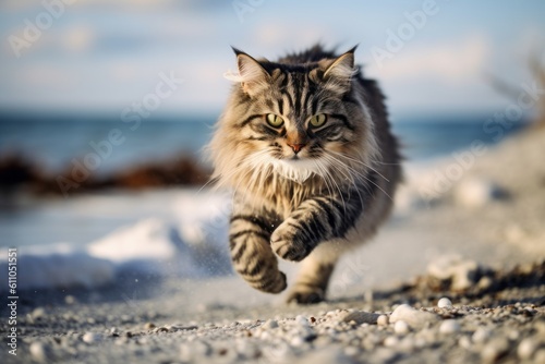 Environmental portrait photography of a funny siberian cat sprinting against a beach background. With generative AI technology photo