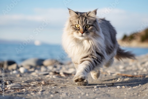Environmental portrait photography of a funny siberian cat sprinting against a beach background. With generative AI technology
