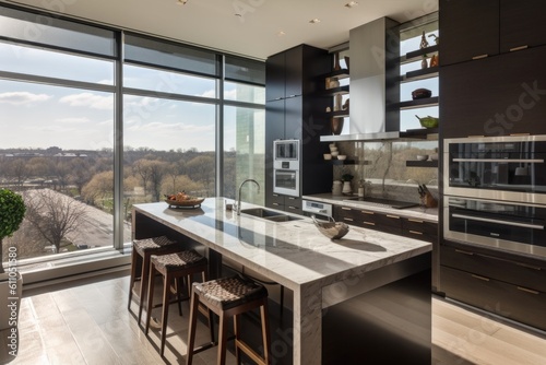 custom-built cooking station set up in modern, open kitchen with floor-to-ceiling windows, created with generative ai