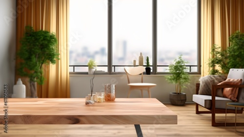 empty wooden table with decorative object for product display, blurred apartment interior with city view background, generative ai