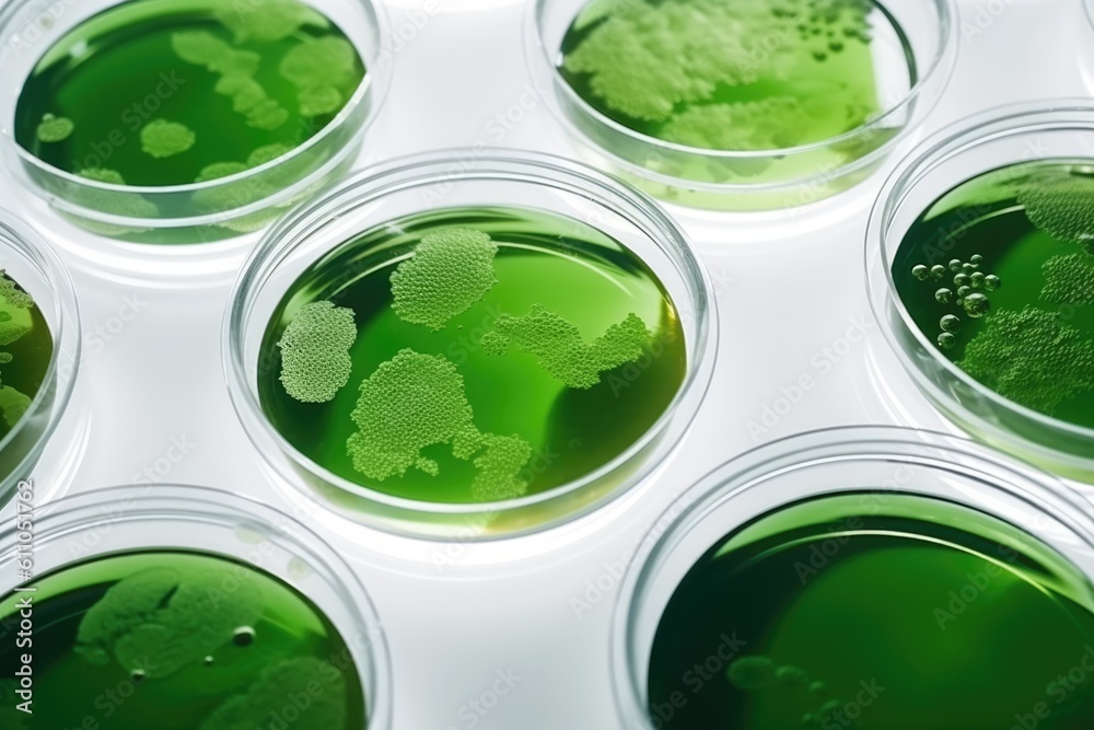 Algae, microalgae in petri dishes research in laboratories