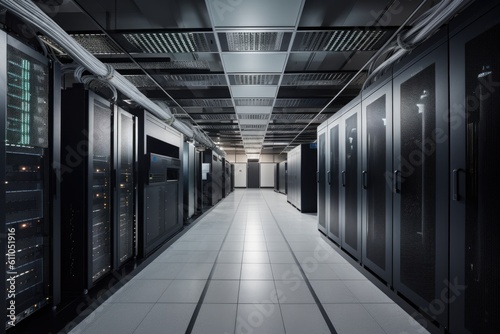 data center, with view of racks of servers and networking equipment, created with generative ai