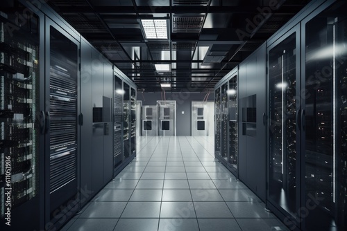 high-tech data center with intricate server racks and massive amounts of data storage, created with generative ai