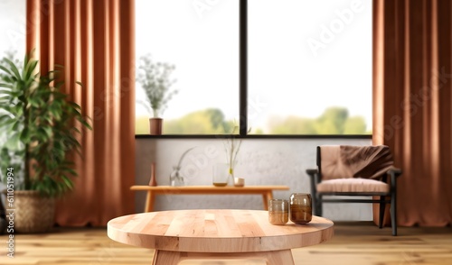 wooden rounded table with blurred minimal cozy apartment interior background  generative ai