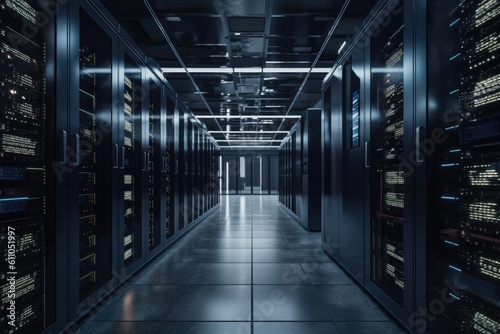 high-tech data center with intricate server racks and massive amounts of data storage, created with generative ai