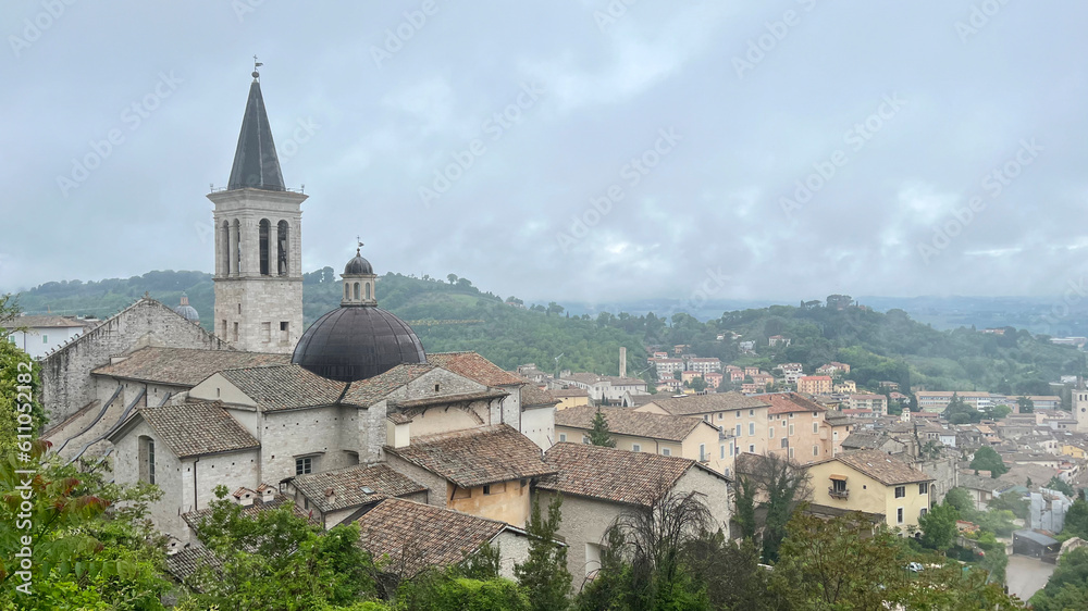 Panoramic view of Cathedral of Santa Maria Assunta in Spoleto, Italy