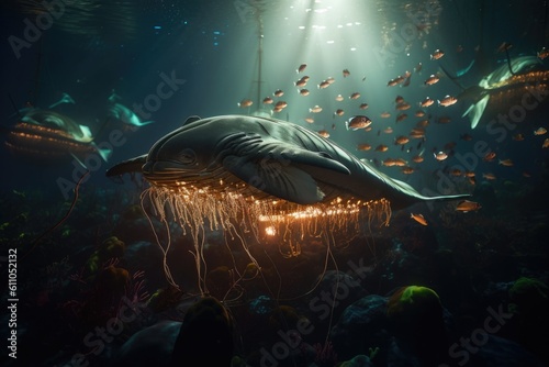 deep-sea creature swimming past school of fish, surrounded by glowing lights, created with generative ai