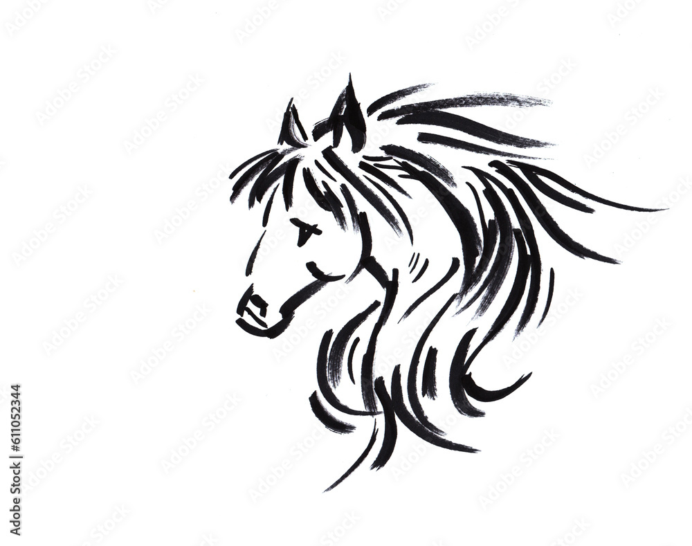abstract of horse head pen drawing for card illustration tattoo