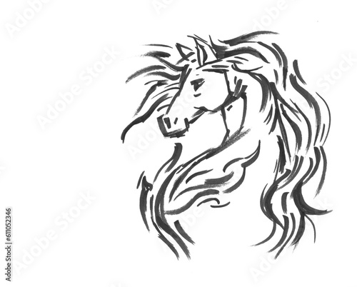 horse head silhouette pen drawing for card illustration decoration