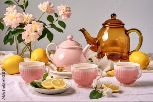 tea set with cups and a teapot with hot citrus tea. flowers on the background, Generative AI