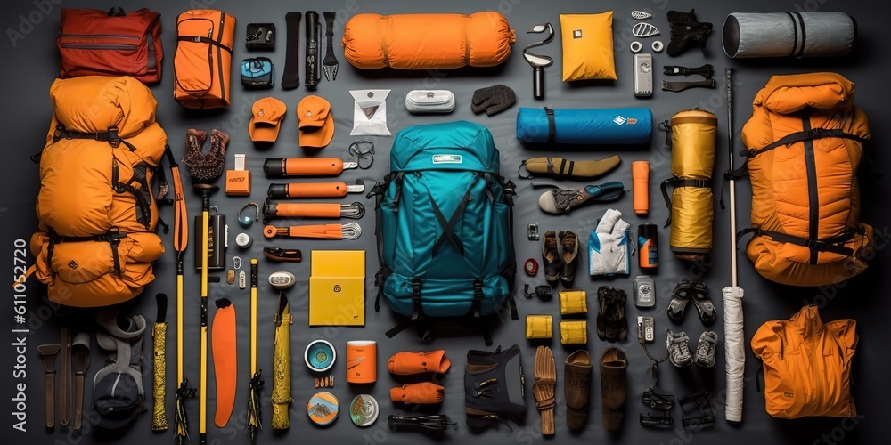 AI Generated. AI Generative. Camping adventure tool equipment different tools. Outdoor wild lifestyle vibe. Graphic Art