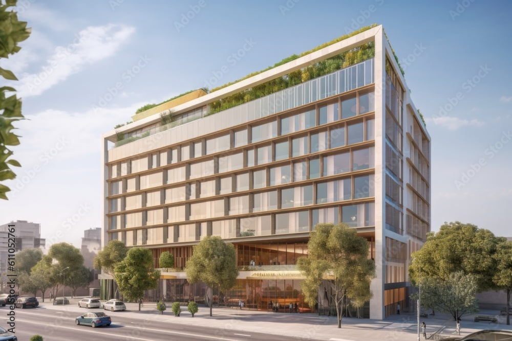 modern eco-friendly hotel, with sleek design and sustainable features, in bustling city center, created with generative ai