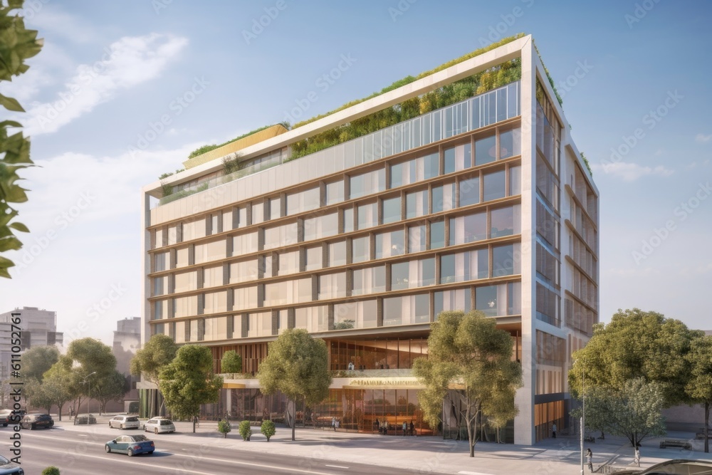 modern eco-friendly hotel, with sleek design and sustainable features, in bustling city center, created with generative ai modern eco-friendly hotel, with sleek design and sustainable features, in bustling city center, created with generative ai