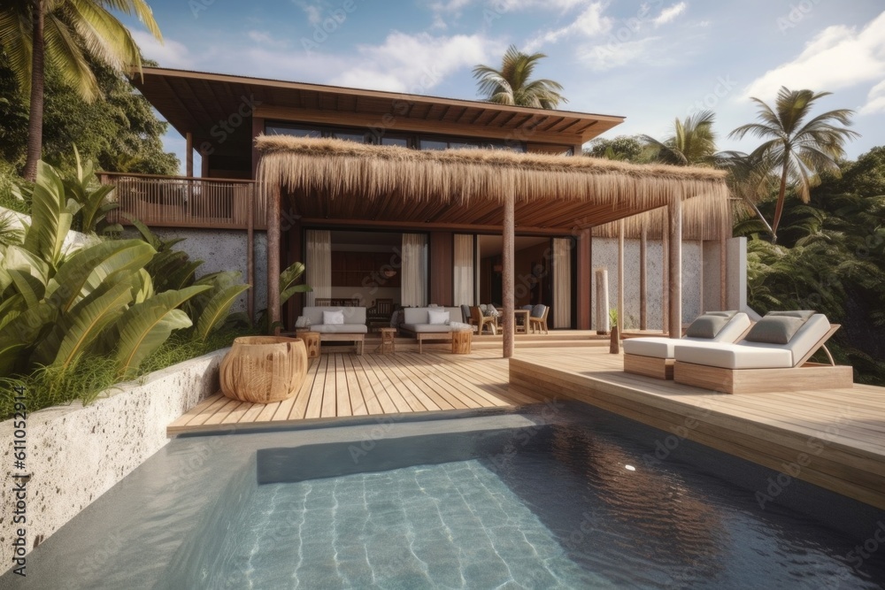 luxury eco-friendly resort, with private infinity pool, outdoor seating ...