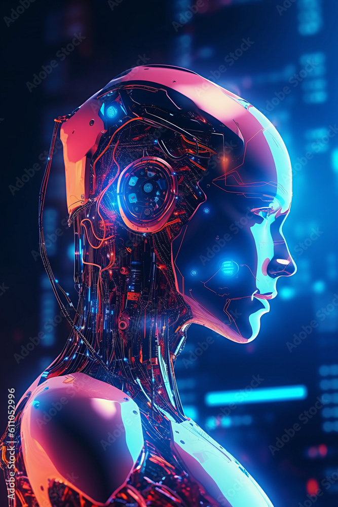 Cyberspace augmented reality. Cyberprunk character. Robot. rtificial intelligence, Neon light, VR reality Cyberspace augmented reality. Cyberprunk character. Robot. rtificial intelligence, Neon light, VR reality