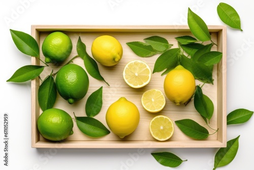 limes on the wooden tray on the white background, Generative AI