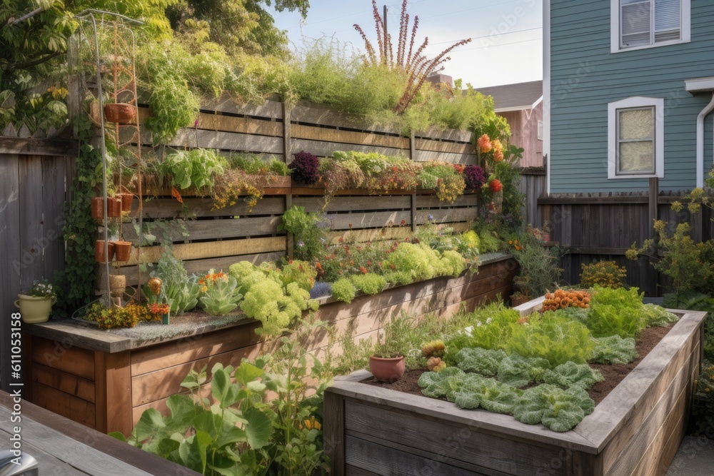 edible landscape with vertical garden, herbs, and fruit trees, created with generative ai edible landscape with vertical garden, herbs, and fruit trees, created with generative ai