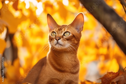 Medium shot portrait photography of a funny abyssinian cat exploring against an autumn foliage background. With generative AI technology