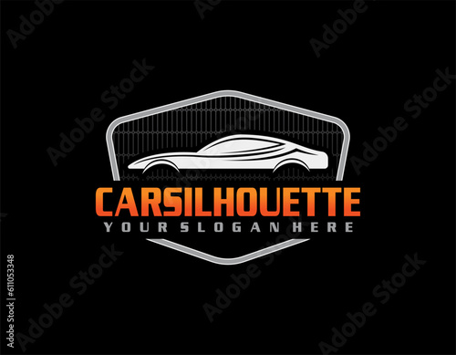 vector illustration of car rental logo template, emblem, badges with car lock isolated on black background, dark logo with attractive color gradient.