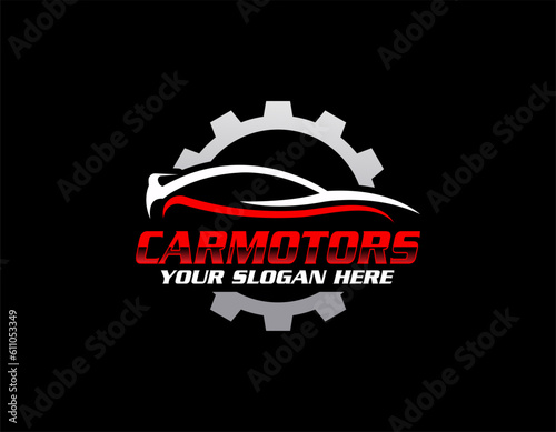 vector illustration of car rental logo template, emblem, badges with car lock isolated on black background, dark logo with attractive color gradient.
