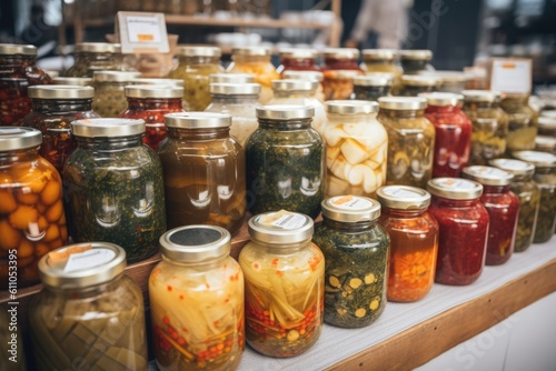 fermented foods market, showcasing variety of pickles, kimchi, and other flavors, created with generative ai