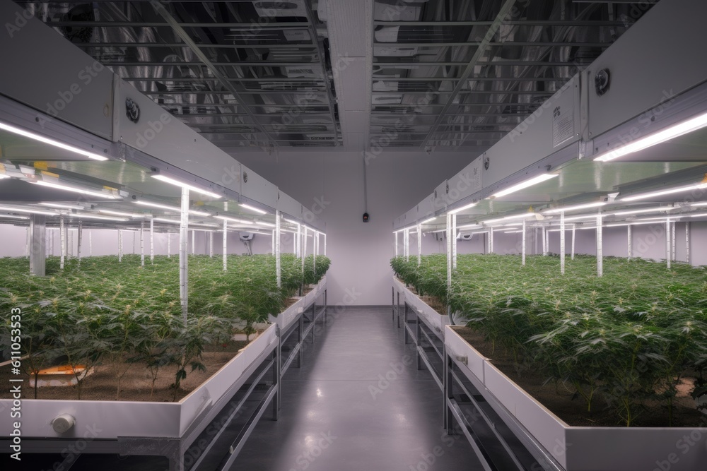 high-tech grow room with automated lighting and ventilation systems, created with generative ai