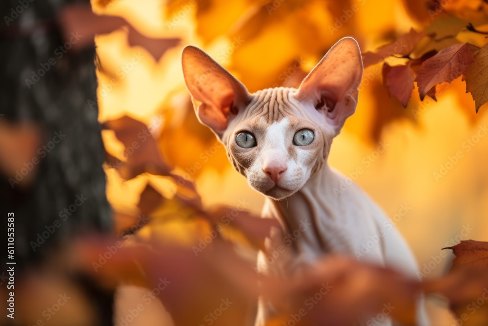 Lifestyle portrait photography of a cute cornish rex cat skulking against an autumn foliage background. With generative AI technology