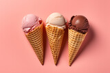Various varieties of ice cream in cones isolated on light background. AI Generative