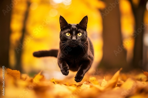 Medium shot portrait photography of a funny bombay cat hopping against an autumn foliage background. With generative AI technology