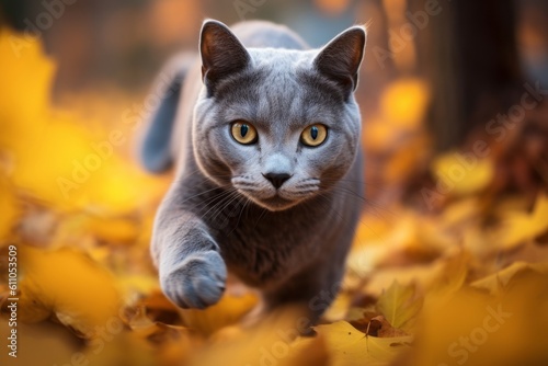 Medium shot portrait photography of a funny russian blue cat hopping against an autumn foliage background. With generative AI technology